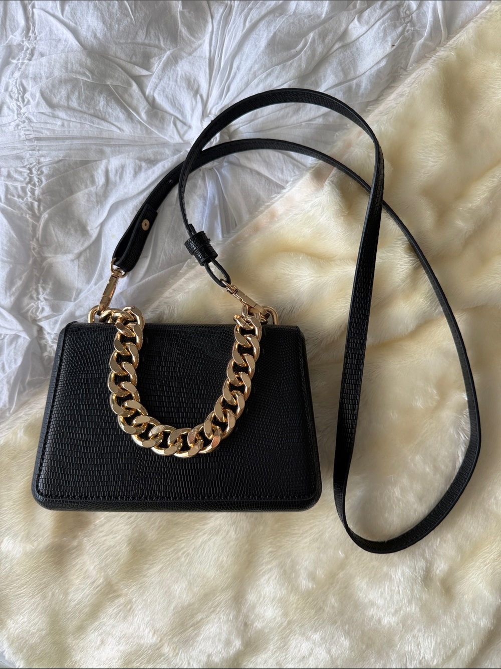 Black Shoulder Bag with Gold Chain Handle - Women's Crossbody